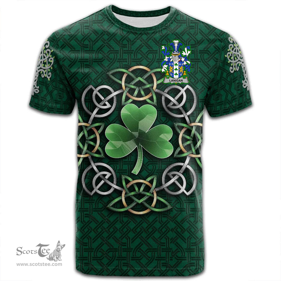 ScotsTee Shop Irish Lanigan or O Lenigan Coat of Arms Irish Crest T Shirt Irish Shamrock with Celtic Knot T Shirt