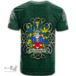 ScotsTee Shop Irish McLoughlin or Loughlin Coat of Arms Irish Crest T Shirt Irish Shamrock with Celtic Knot T Shirt