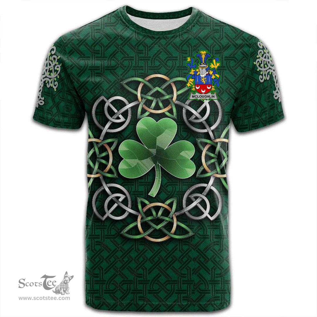 ScotsTee Shop Irish McLoughlin or Loughlin Coat of Arms Irish Crest T Shirt Irish Shamrock with Celtic Knot T Shirt
