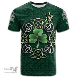 ScotsTee Shop Irish Lyons or Lyne Coat of Arms Irish Crest T Shirt Irish Shamrock with Celtic Knot T Shirt