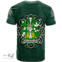 ScotsTee Shop Irish Shaughnessy or O Shaughnessy Coat of Arms Irish Crest T Shirt Irish Shamrock with Celtic Knot T Shirt
