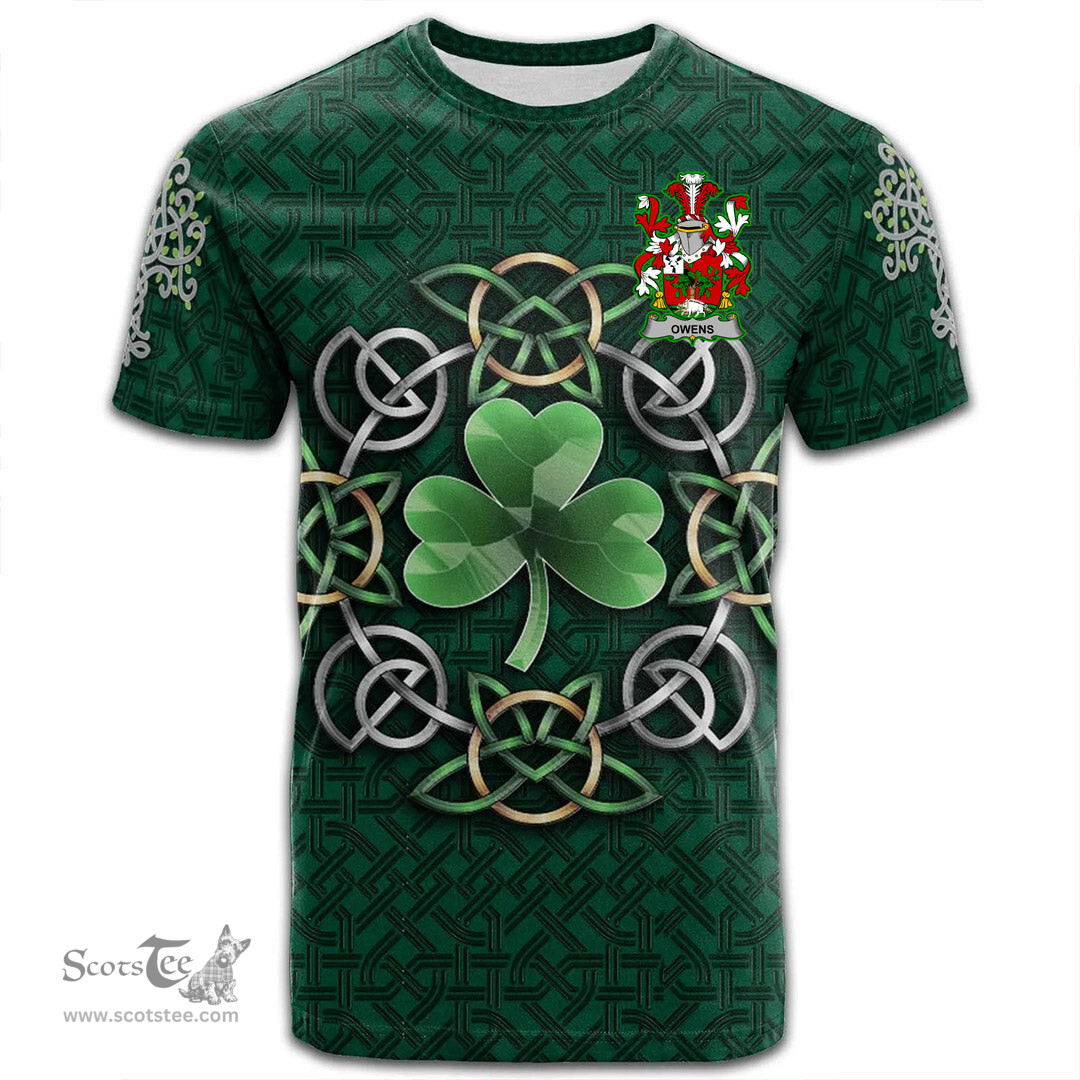 ScotsTee Shop Irish Owens Coat of Arms Irish Crest T Shirt Irish Shamrock with Celtic Knot T Shirt