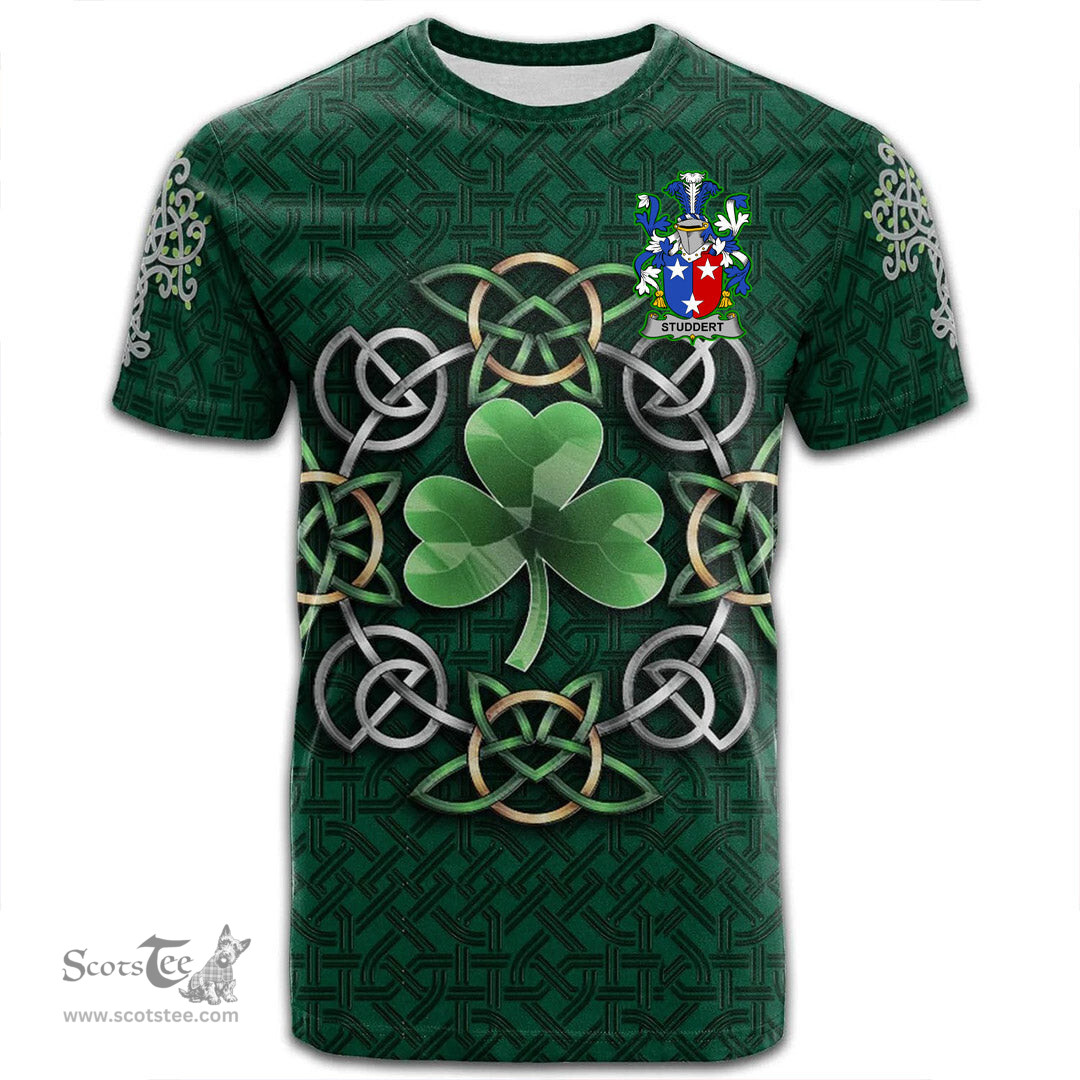 ScotsTee Shop Irish Studdert Coat of Arms Irish Crest T Shirt Irish Shamrock with Celtic Knot T Shirt