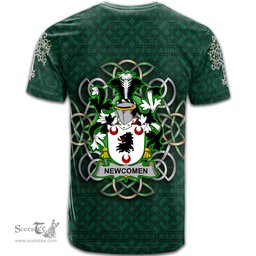 ScotsTee Shop Irish Newcomen or Newcombe Coat of Arms Irish Crest T Shirt Irish Shamrock with Celtic Knot T Shirt