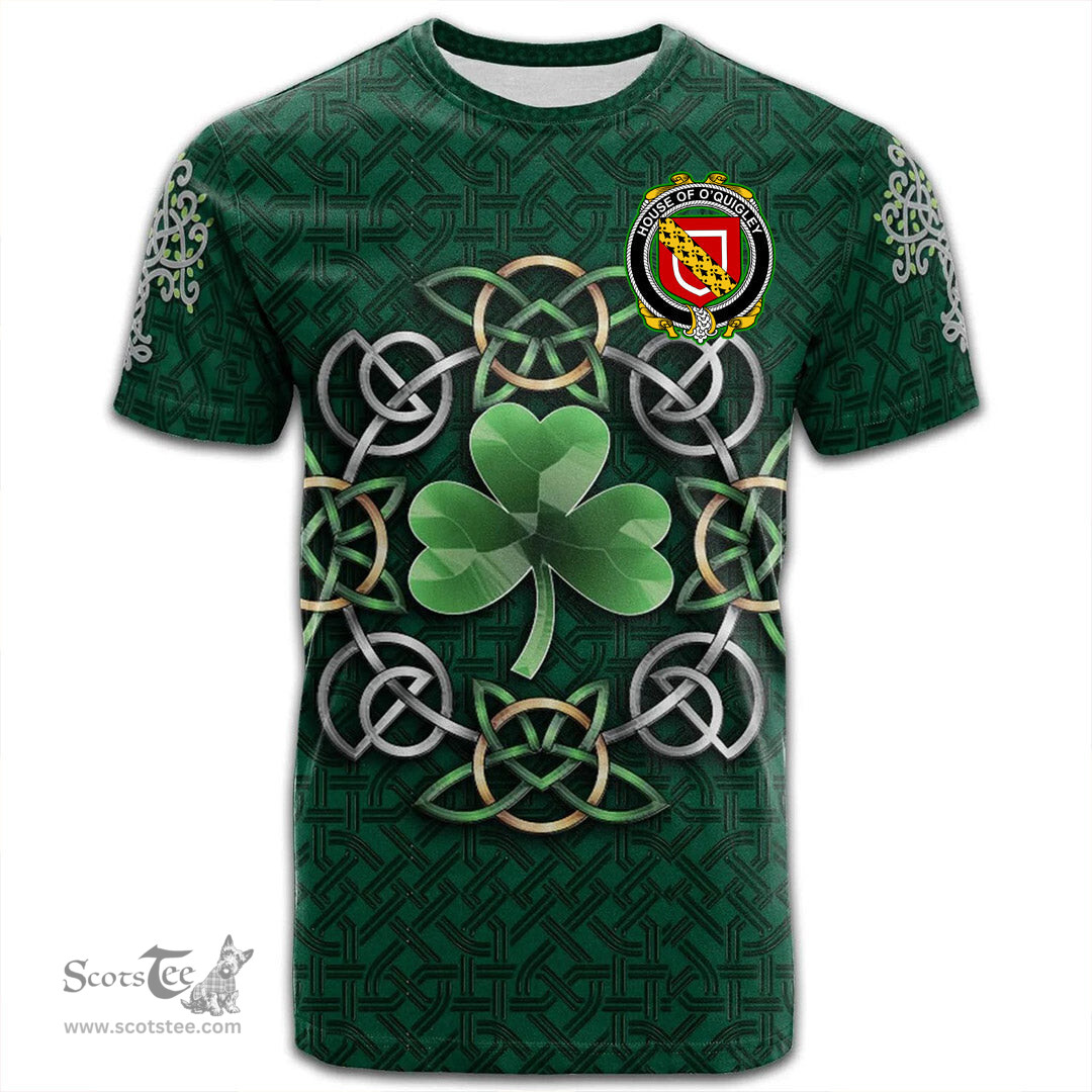 ScotsTee Shop Irish House of O QUIGLEY Coat of Arms Irish Crest T Shirt Irish Shamrock with Celtic Knot T Shirt