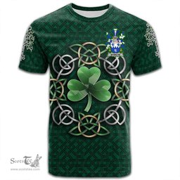 ScotsTee Shop Irish Scanlon or O Scanlan Coat of Arms Irish Crest T Shirt Irish Shamrock with Celtic Knot T Shirt