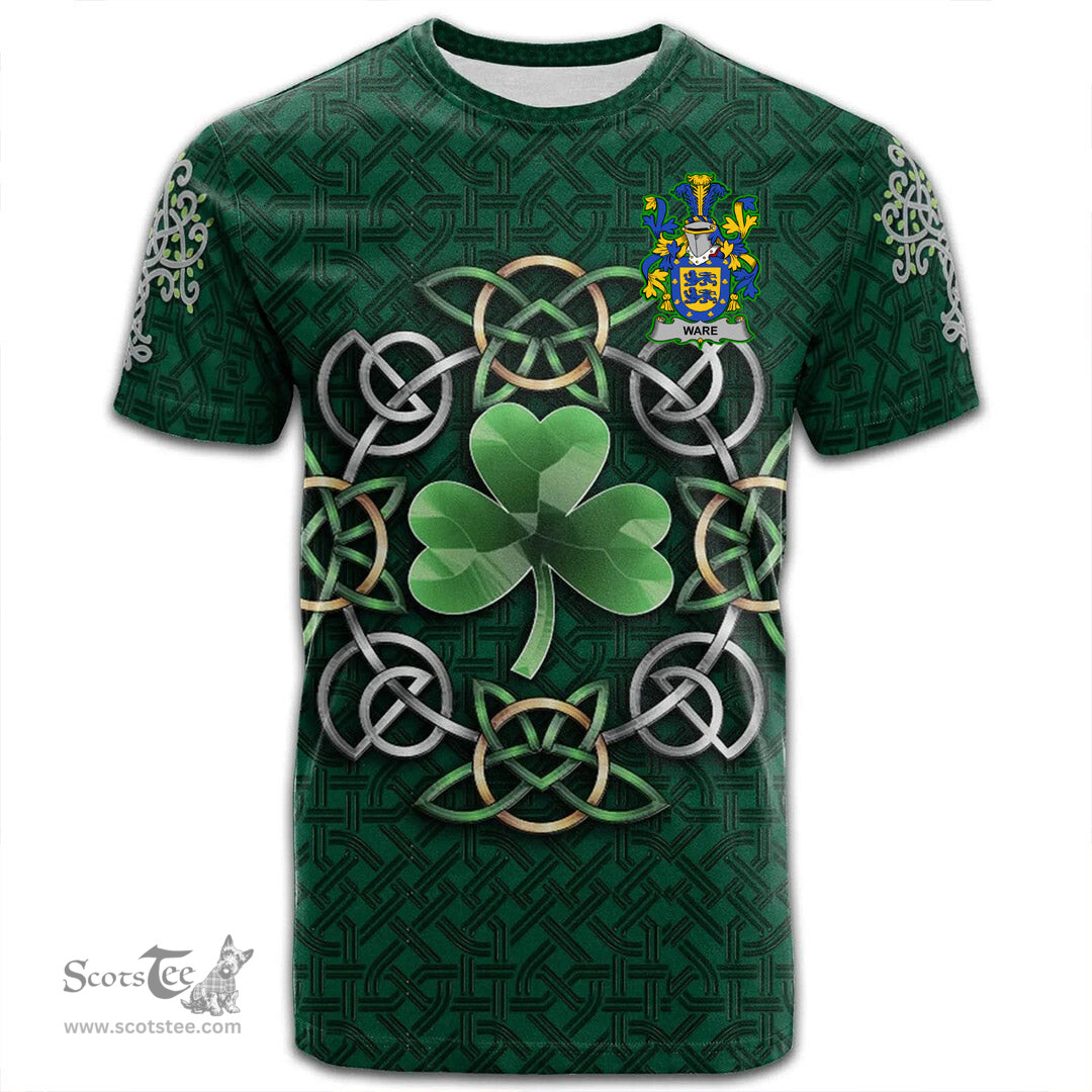 ScotsTee Shop Irish Ware Coat of Arms Irish Crest T Shirt Irish Shamrock with Celtic Knot T Shirt