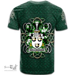 ScotsTee Shop Irish Bellingham Coat of Arms Irish Crest T Shirt Irish Shamrock with Celtic Knot T Shirt