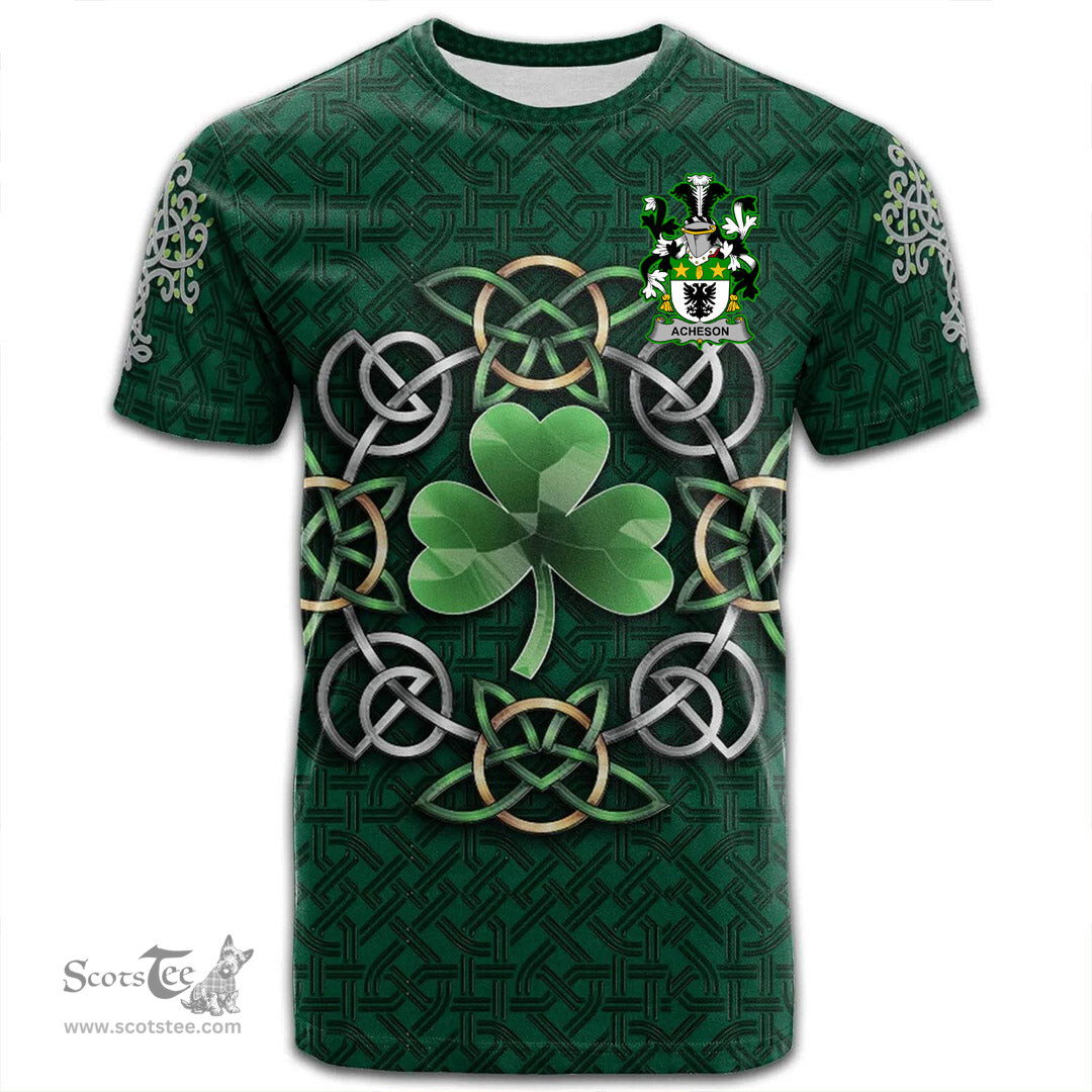 ScotsTee Shop Irish Acheson Coat of Arms Irish Crest T Shirt Irish Shamrock with Celtic Knot T Shirt