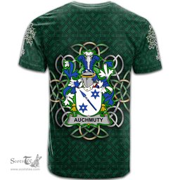 ScotsTee Shop Irish Auchmuty Coat of Arms Irish Crest T Shirt Irish Shamrock with Celtic Knot T Shirt