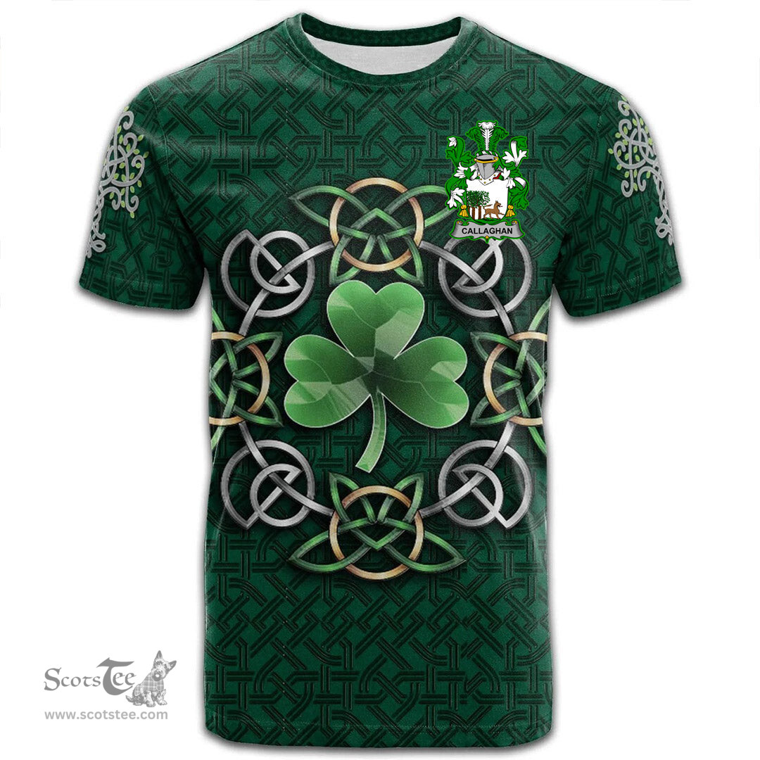 ScotsTee Shop Irish Callaghan or O Callaghan Coat of Arms Irish Crest T Shirt Irish Shamrock with Celtic Knot T Shirt