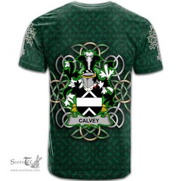 ScotsTee Shop Irish Calvey or McElwee Coat of Arms Irish Crest T Shirt Irish Shamrock with Celtic Knot T Shirt