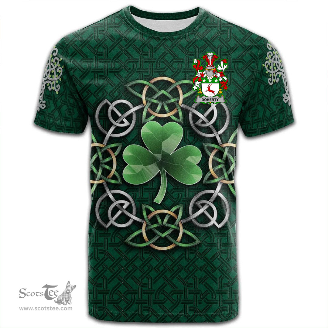 ScotsTee Shop Irish Doherty or O Doherty Coat of Arms Irish Crest T Shirt Irish Shamrock with Celtic Knot T Shirt