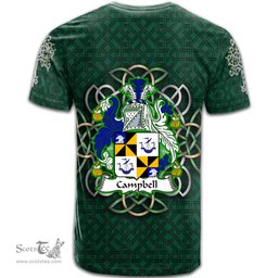ScotsTee Shop Irish Campbell Coat of Arms Irish Crest T Shirt Irish Shamrock with Celtic Knot T Shirt