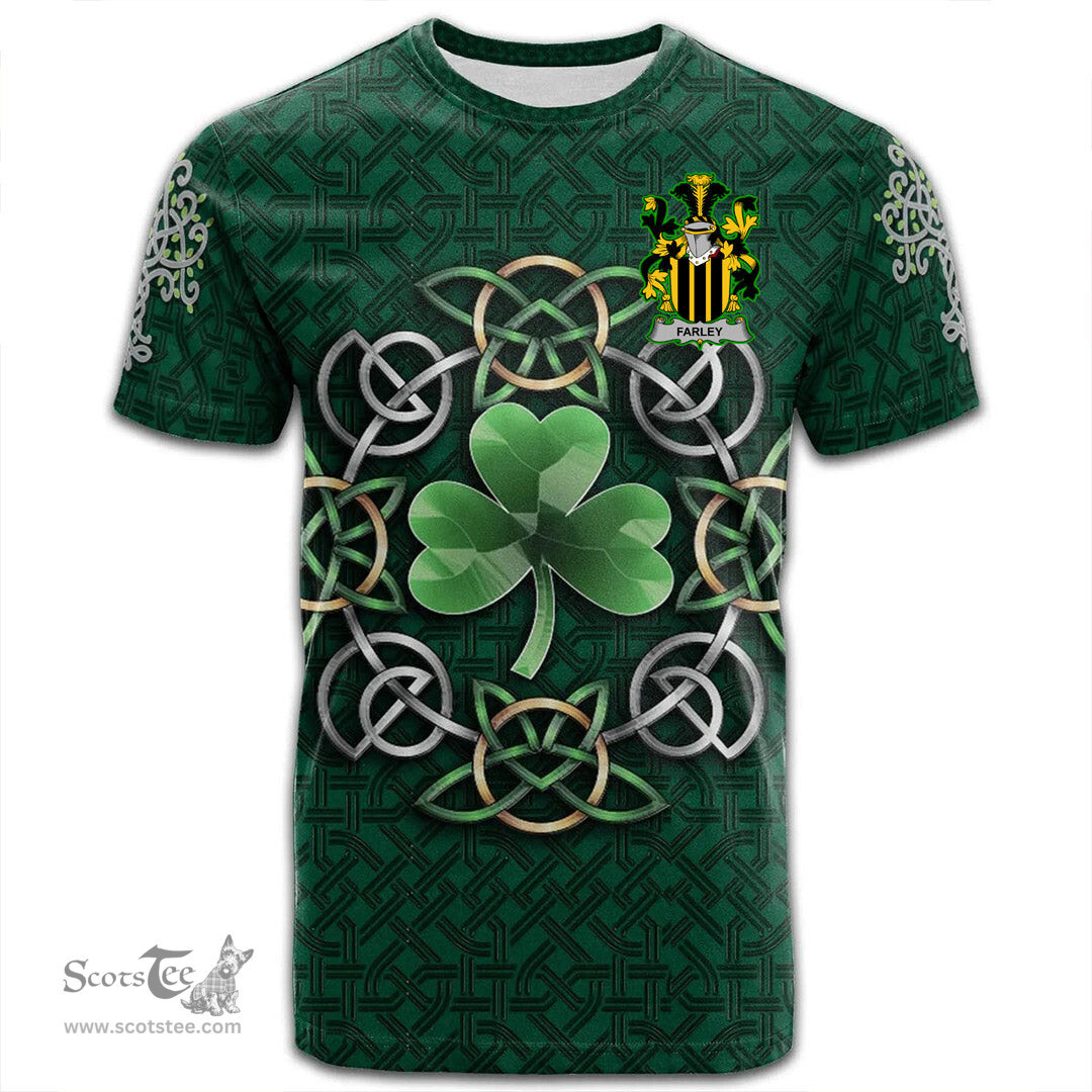 ScotsTee Shop Irish Farley or O Farley Coat of Arms Irish Crest T Shirt Irish Shamrock with Celtic Knot T Shirt
