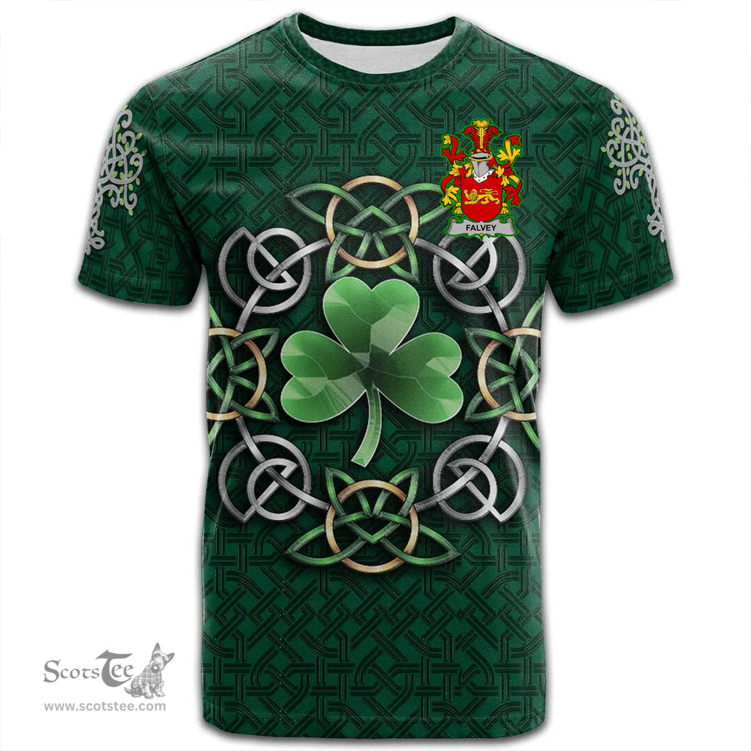 ScotsTee Shop Irish Falvey or O Falvey Coat of Arms Irish Crest T Shirt Irish Shamrock with Celtic Knot T Shirt
