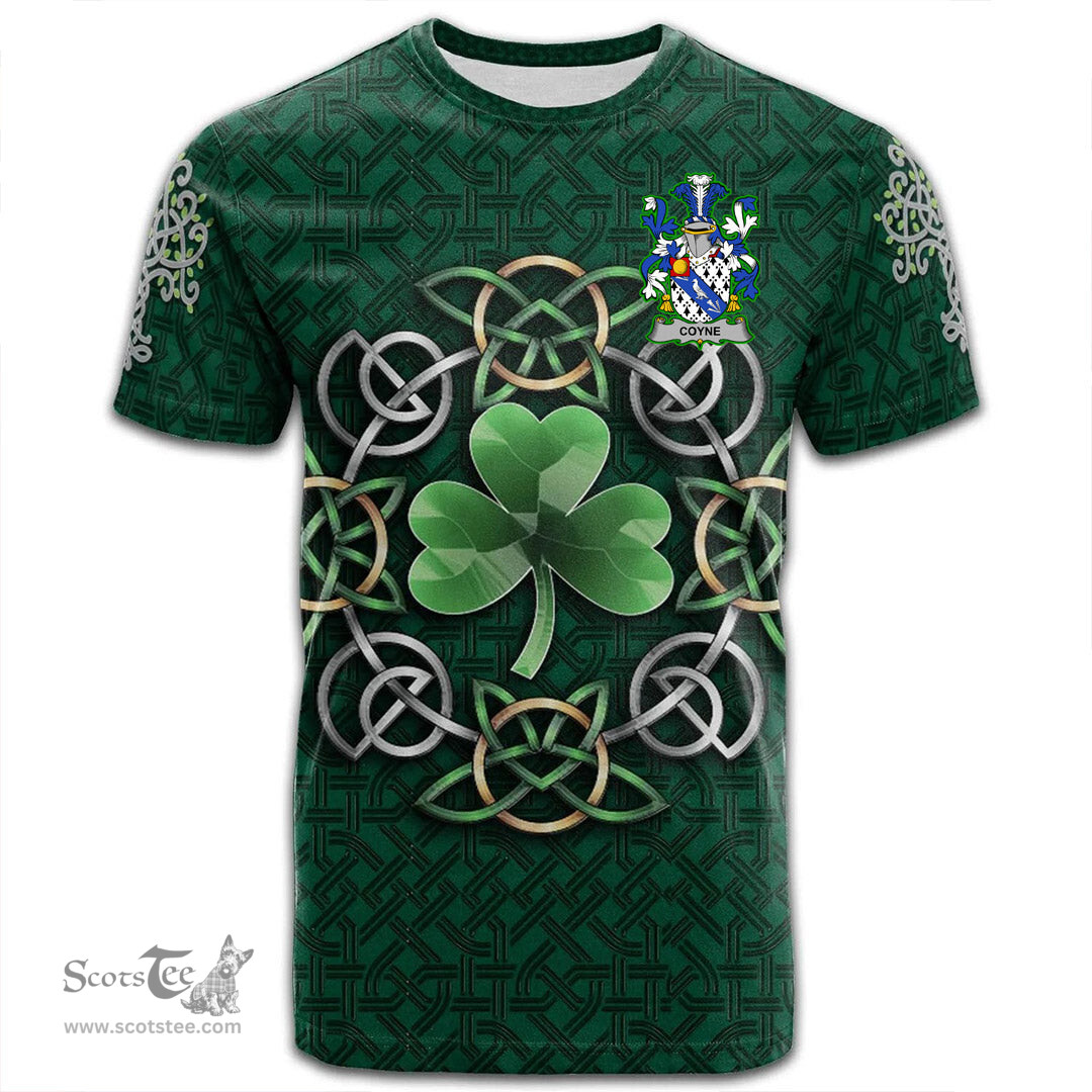 ScotsTee Shop Irish Coyne or O Coyne Coat of Arms Irish Crest T Shirt Irish Shamrock with Celtic Knot T Shirt