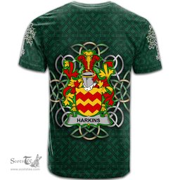 ScotsTee Shop Irish Harkins or O Harkin Coat of Arms Irish Crest T Shirt Irish Shamrock with Celtic Knot T Shirt