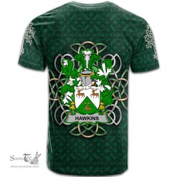 ScotsTee Shop Irish Hawkins or Haughan Coat of Arms Irish Crest T Shirt Irish Shamrock with Celtic Knot T Shirt