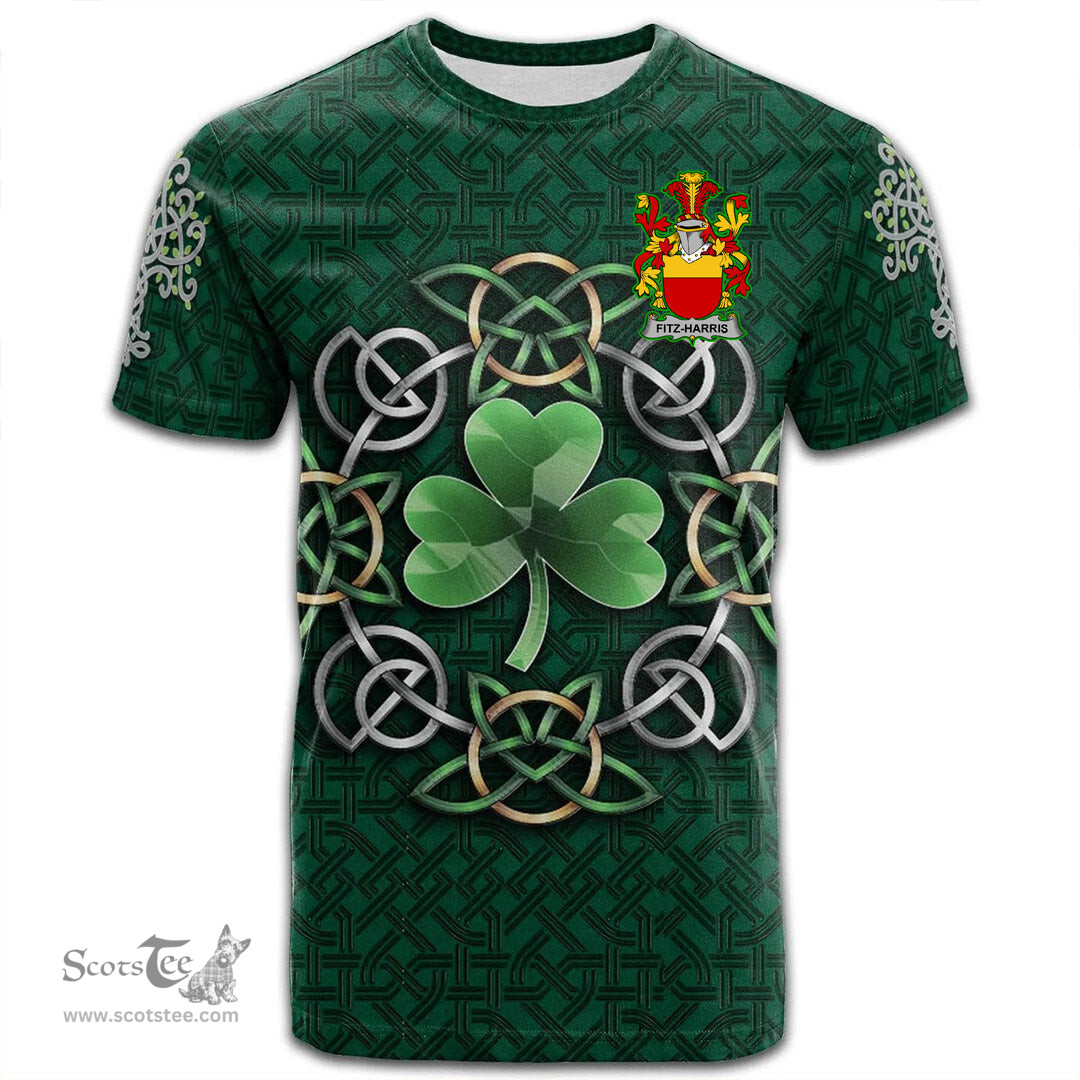 ScotsTee Shop Irish Fitz Harris Coat of Arms Irish Crest T Shirt Irish Shamrock with Celtic Knot T Shirt