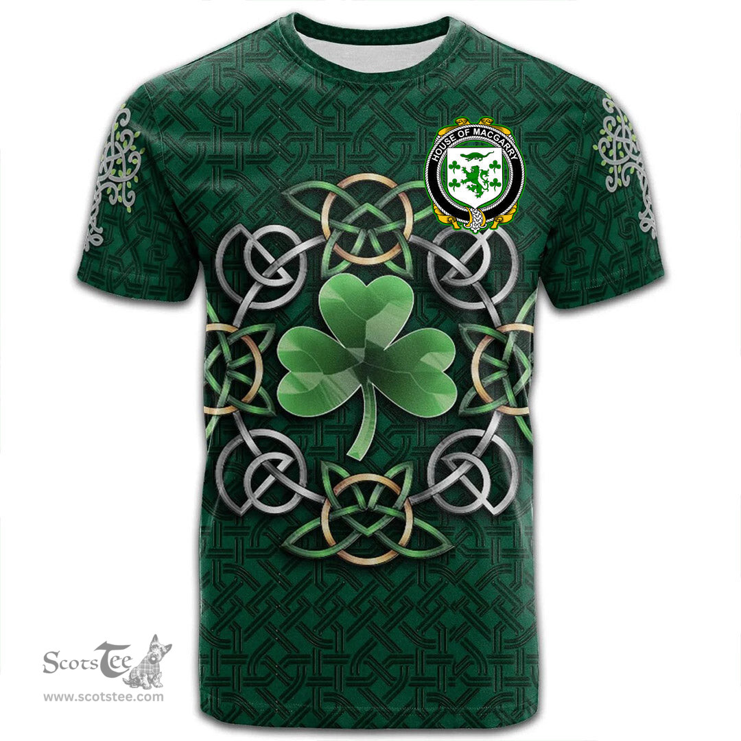 ScotsTee Shop Irish House of MACGARRY Coat of Arms Irish Crest T Shirt Irish Shamrock with Celtic Knot T Shirt
