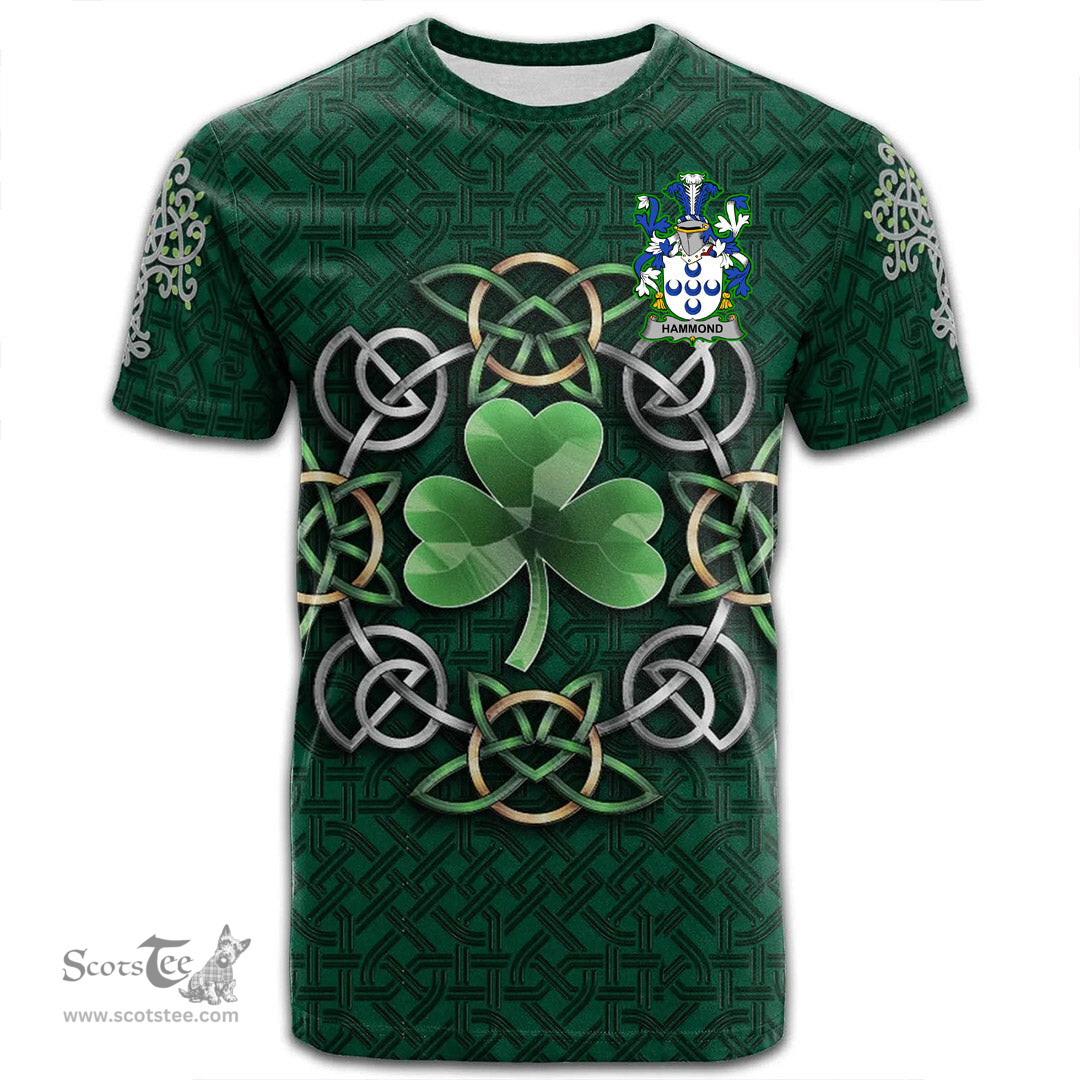 ScotsTee Shop Irish Hammond Coat of Arms Irish Crest T Shirt Irish Shamrock with Celtic Knot T Shirt