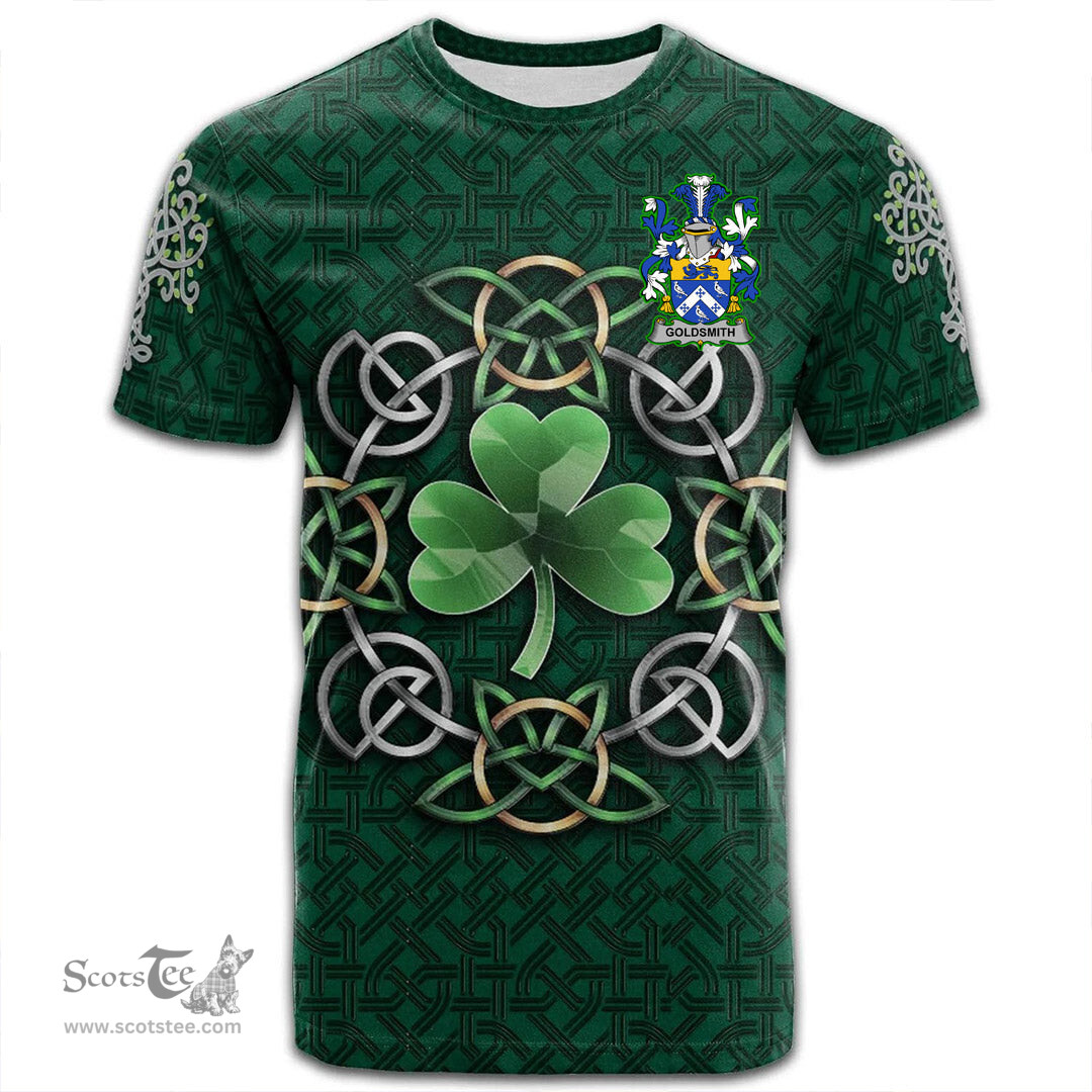 ScotsTee Shop Irish Goldsmith Coat of Arms Irish Crest T Shirt Irish Shamrock with Celtic Knot T Shirt
