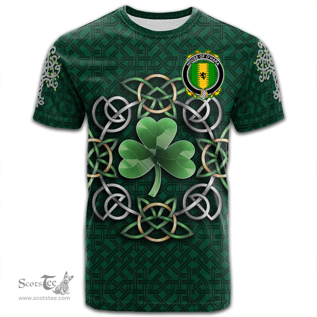 ScotsTee Shop Irish House of O HARA Coat of Arms Irish Crest T Shirt Irish Shamrock with Celtic Knot T Shirt