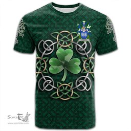 ScotsTee Shop Irish Gahan or McGahan Coat of Arms Irish Crest T Shirt Irish Shamrock with Celtic Knot T Shirt