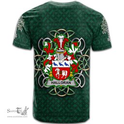 ScotsTee Shop Irish Halloran or O Halloran Coat of Arms Irish Crest T Shirt Irish Shamrock with Celtic Knot T Shirt