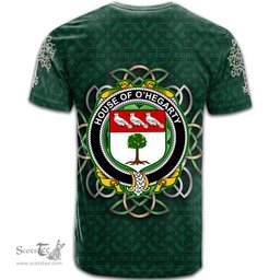 ScotsTee Shop Irish House of O HEGARTY Coat of Arms Irish Crest T Shirt Irish Shamrock with Celtic Knot T Shirt