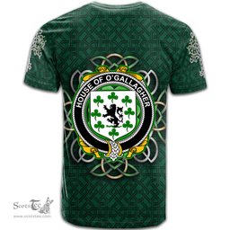 ScotsTee Shop Irish House of O GALLAGHER Coat of Arms Irish Crest T Shirt Irish Shamrock with Celtic Knot T Shirt
