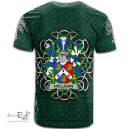 ScotsTee Shop Irish Holligan or O Halligan Coat of Arms Irish Crest T Shirt Irish Shamrock with Celtic Knot T Shirt