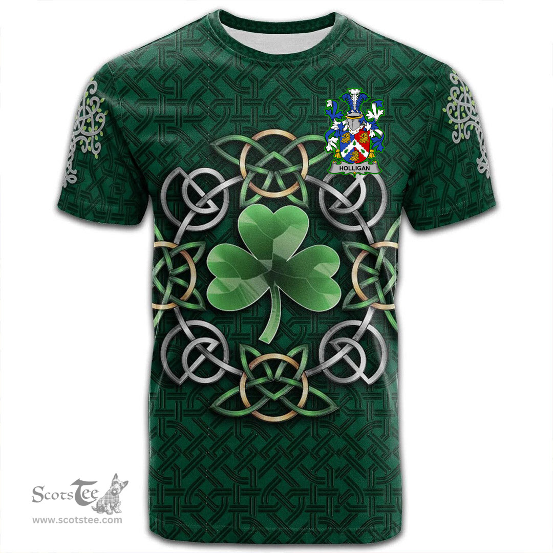 ScotsTee Shop Irish Holligan or O Halligan Coat of Arms Irish Crest T Shirt Irish Shamrock with Celtic Knot T Shirt