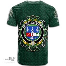 ScotsTee Shop Irish House of O CAHAN KEANE Coat of Arms Irish Crest T Shirt Irish Shamrock with Celtic Knot T Shirt