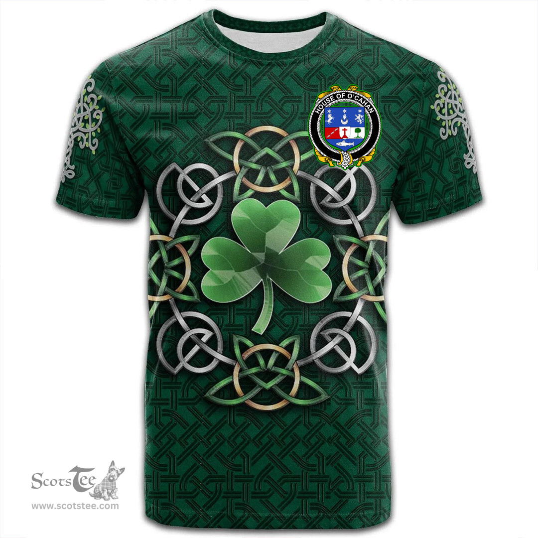 ScotsTee Shop Irish House of O CAHAN KEANE Coat of Arms Irish Crest T Shirt Irish Shamrock with Celtic Knot T Shirt
