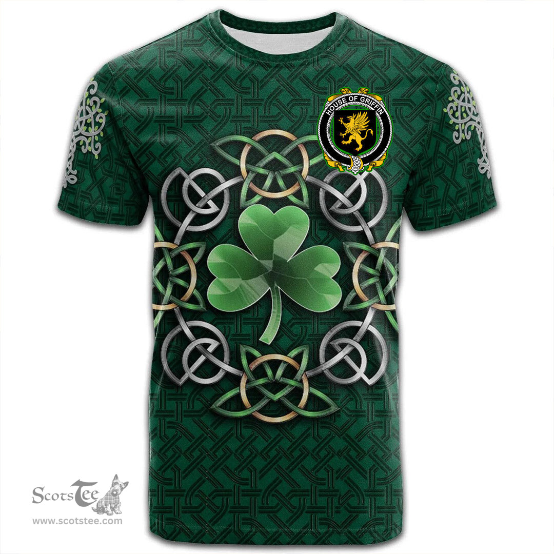 ScotsTee Shop Irish House of GRIFFIN Coat of Arms Irish Crest T Shirt Irish Shamrock with Celtic Knot T Shirt