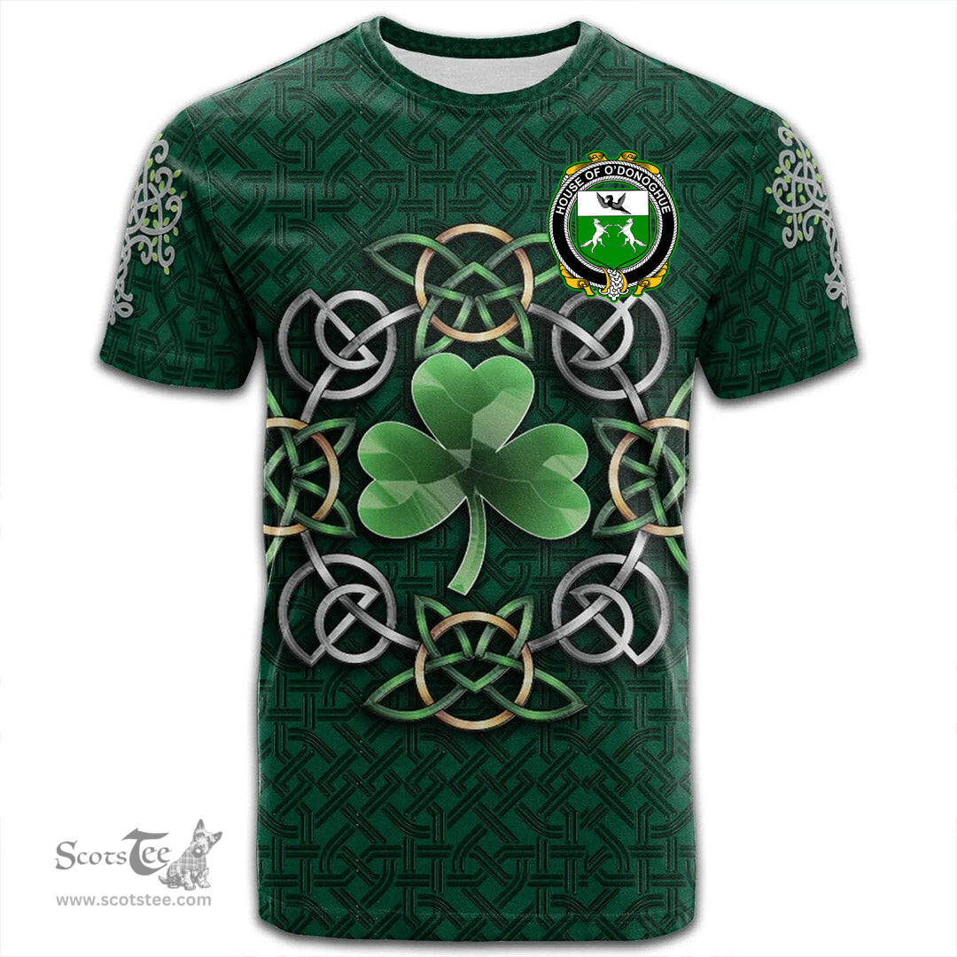 ScotsTee Shop Irish House of O DONOGHUE Coat of Arms Irish Crest T Shirt Irish Shamrock with Celtic Knot T Shirt