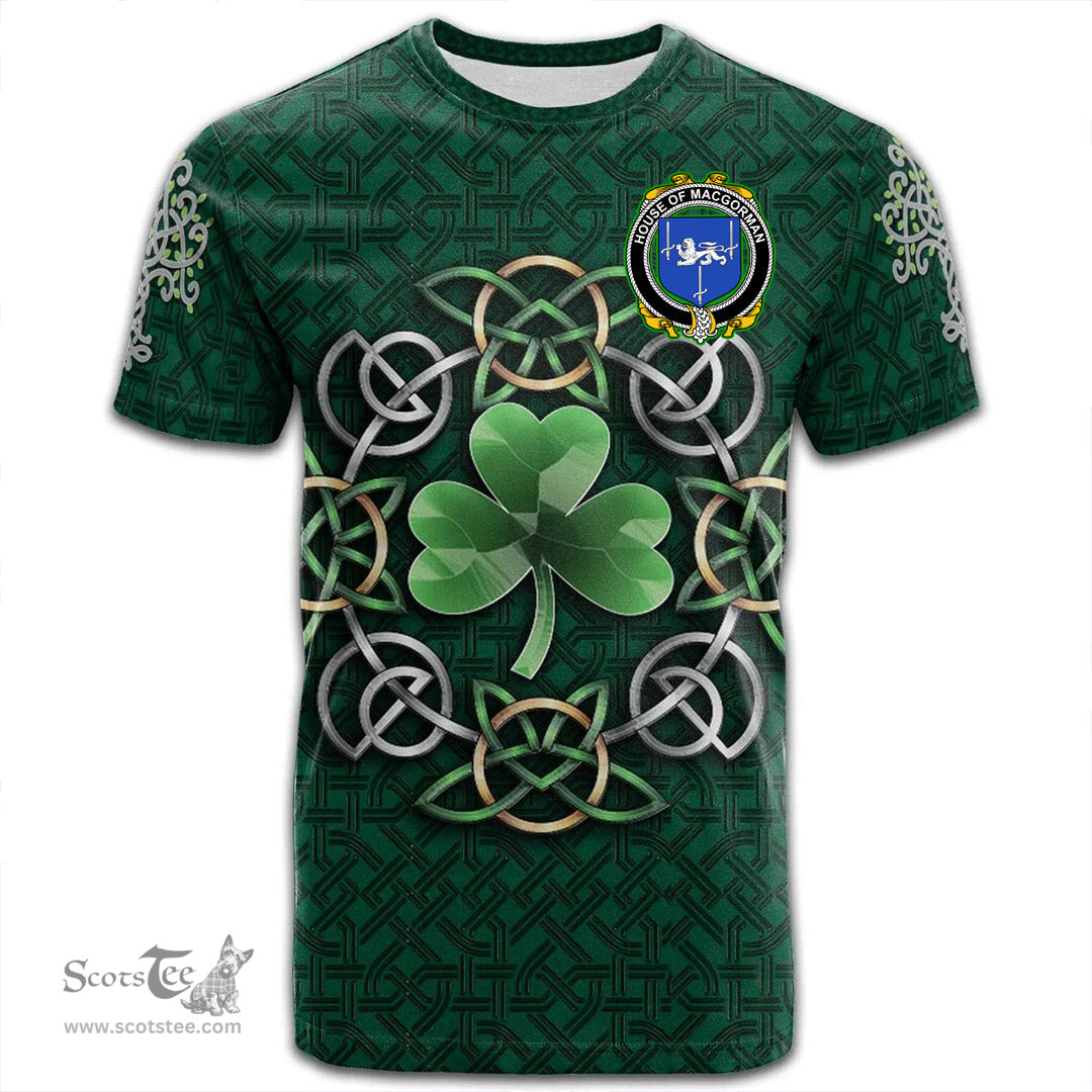 ScotsTee Shop Irish House of MACGORMAN Coat of Arms Irish Crest T Shirt Irish Shamrock with Celtic Knot T Shirt