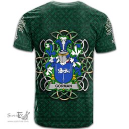 ScotsTee Shop Irish Gorman or McGorman Coat of Arms Irish Crest T Shirt Irish Shamrock with Celtic Knot T Shirt
