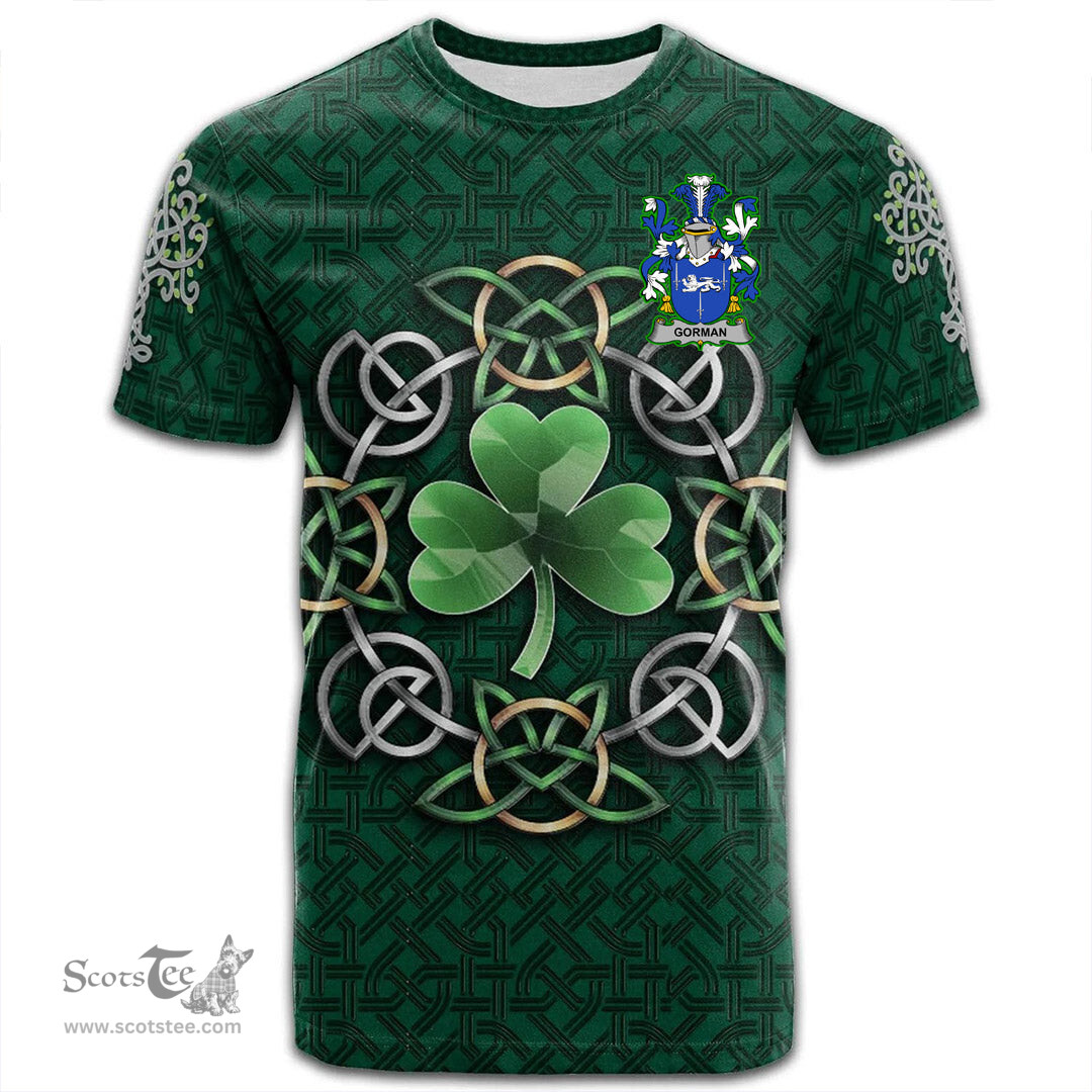 ScotsTee Shop Irish Gorman or McGorman Coat of Arms Irish Crest T Shirt Irish Shamrock with Celtic Knot T Shirt