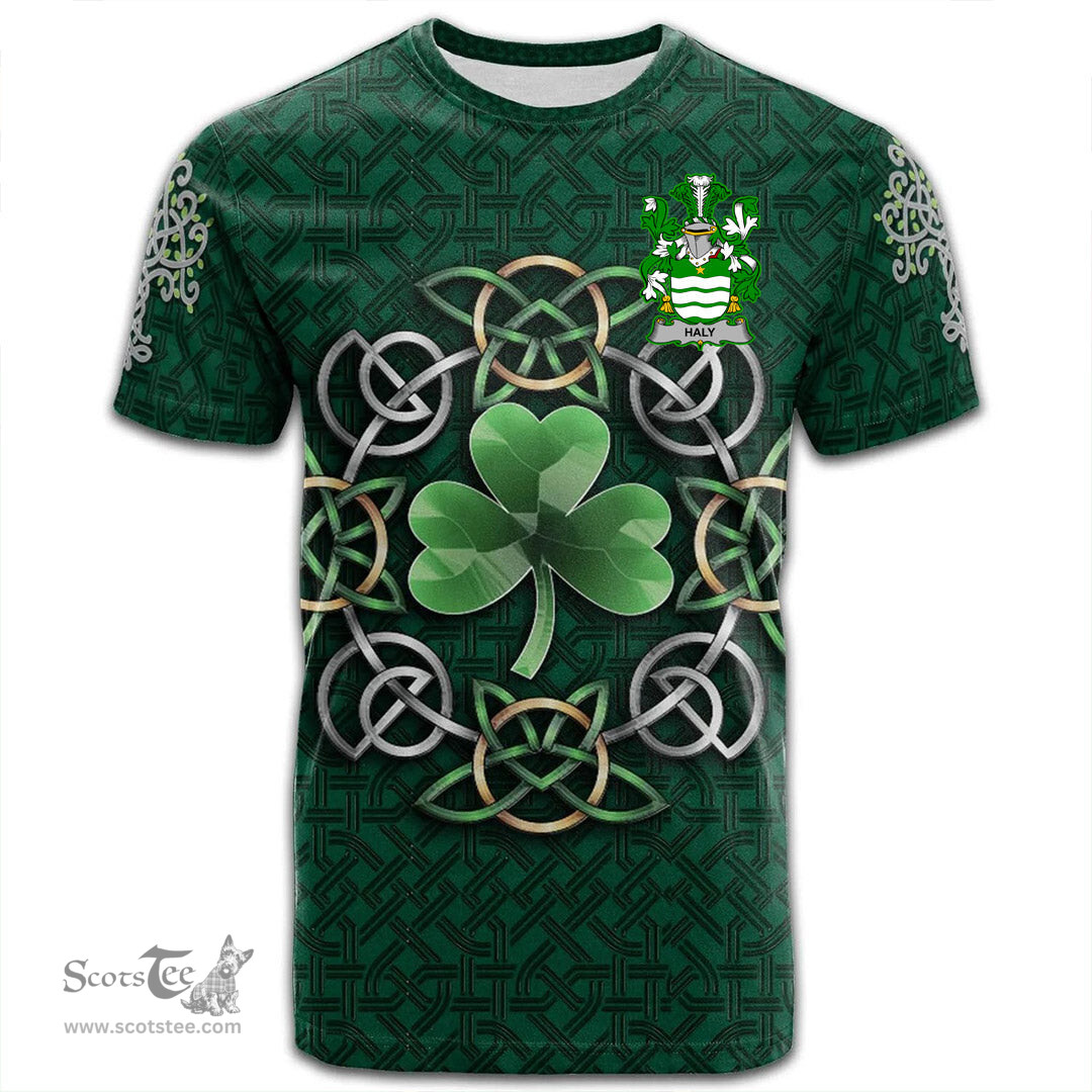 ScotsTee Shop Irish Haly Coat of Arms Irish Crest T Shirt Irish Shamrock with Celtic Knot T Shirt