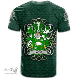 ScotsTee Shop Irish Hanly or O Hanley Coat of Arms Irish Crest T Shirt Irish Shamrock with Celtic Knot T Shirt