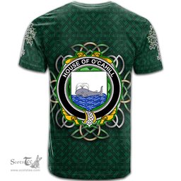 ScotsTee Shop Irish House of O CAHILL Coat of Arms Irish Crest T Shirt Irish Shamrock with Celtic Knot T Shirt