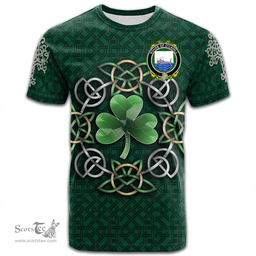 ScotsTee Shop Irish House of O CAHILL Coat of Arms Irish Crest T Shirt Irish Shamrock with Celtic Knot T Shirt