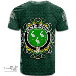 ScotsTee Shop Irish House of AHEARNE Aherne Coat of Arms Irish Crest T Shirt Irish Shamrock with Celtic Knot T Shirt