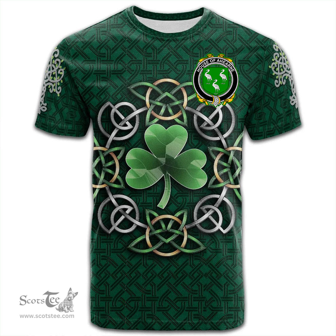 ScotsTee Shop Irish House of AHEARNE Aherne Coat of Arms Irish Crest T Shirt Irish Shamrock with Celtic Knot T Shirt