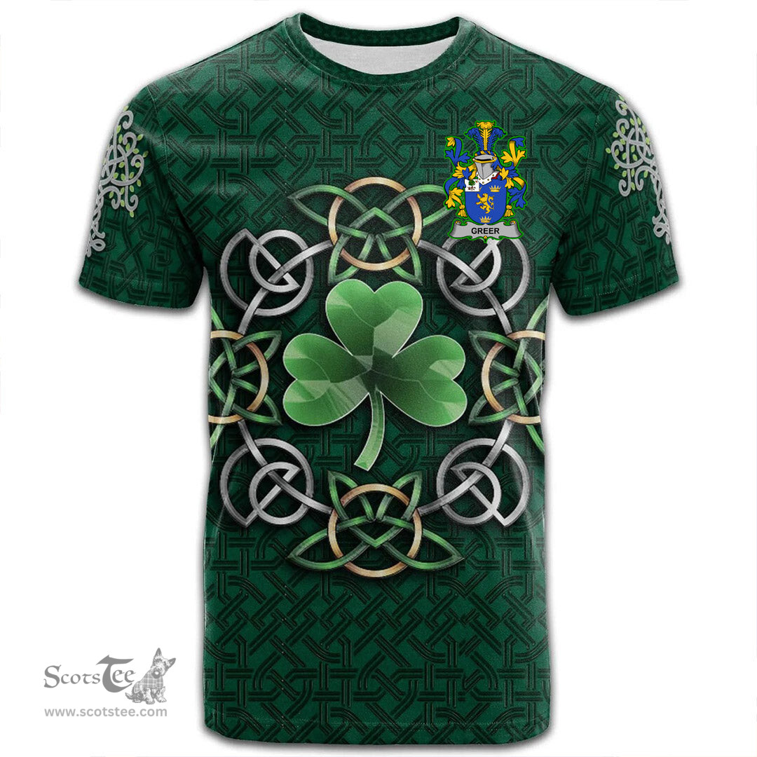 ScotsTee Shop Irish Greer Coat of Arms Irish Crest T Shirt Irish Shamrock with Celtic Knot T Shirt