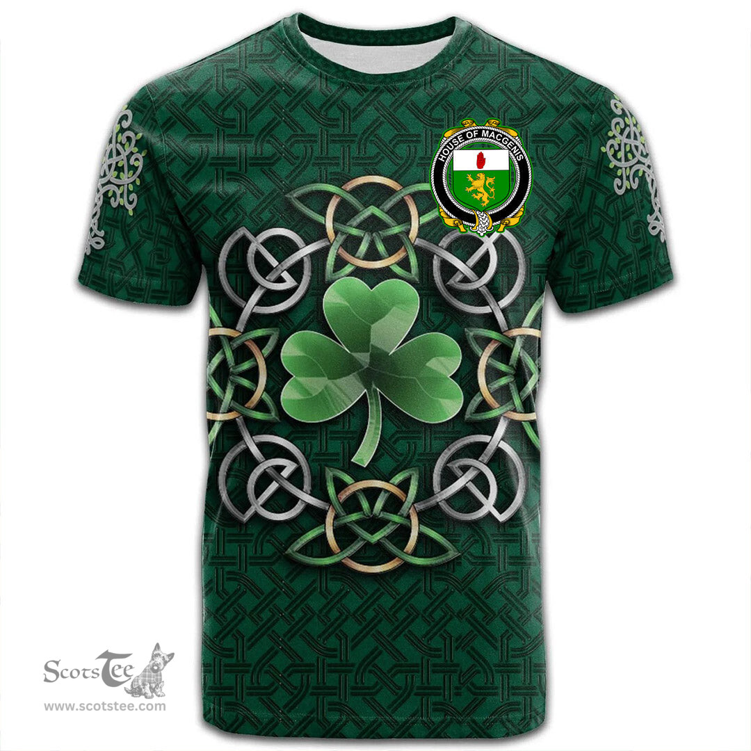 ScotsTee Shop Irish House of MACGENIS Coat of Arms Irish Crest T Shirt Irish Shamrock with Celtic Knot T Shirt
