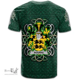 ScotsTee Shop Irish Rourke or O Rourke Coat of Arms Irish Crest T Shirt Irish Shamrock with Celtic Knot T Shirt
